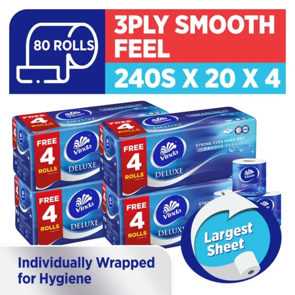 Vinda Deluxe 3 Ply Smooth Feel Toilet Paper Roll (240sx80 Rolls)